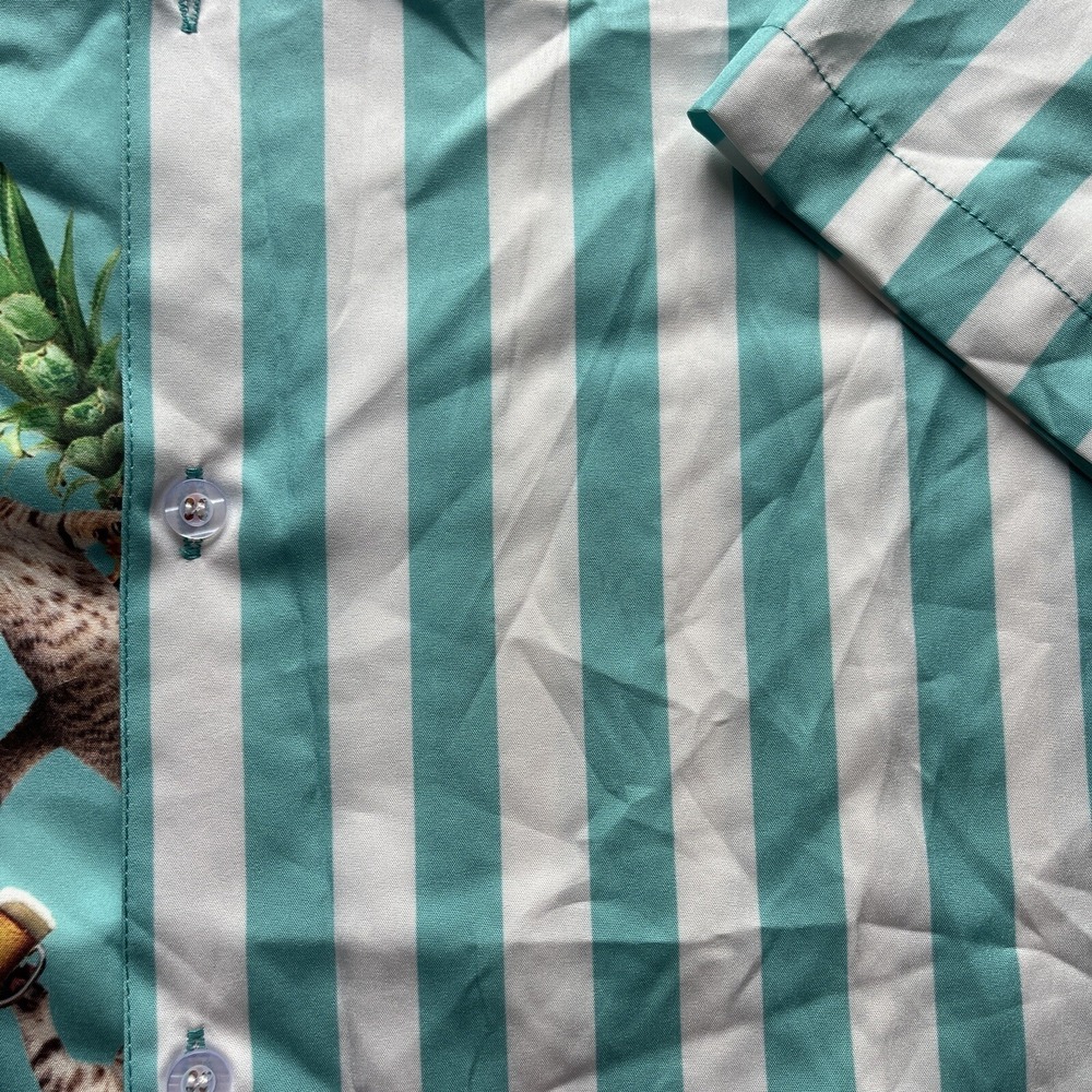 Mens XL Tropical Cat Beer Pineapple Striped Split Button Down Shirt Blue White - Picture 6 of 6